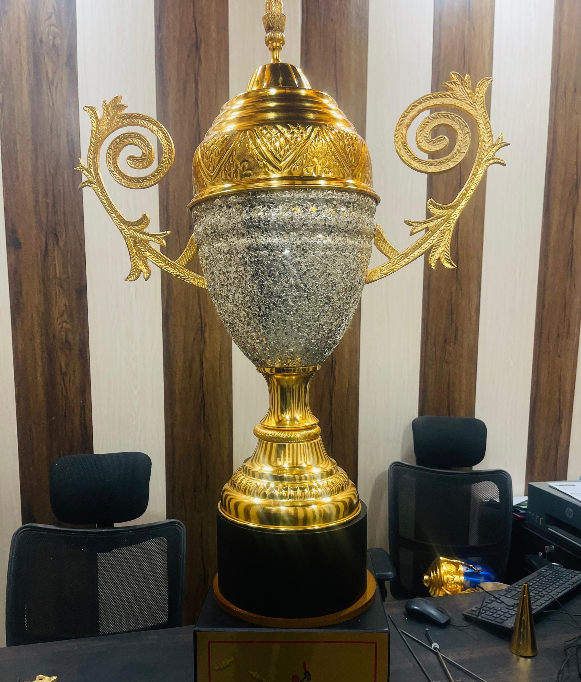 Jalebi Cup: silver glitter bowl, gold pagoda lid and spiral handles