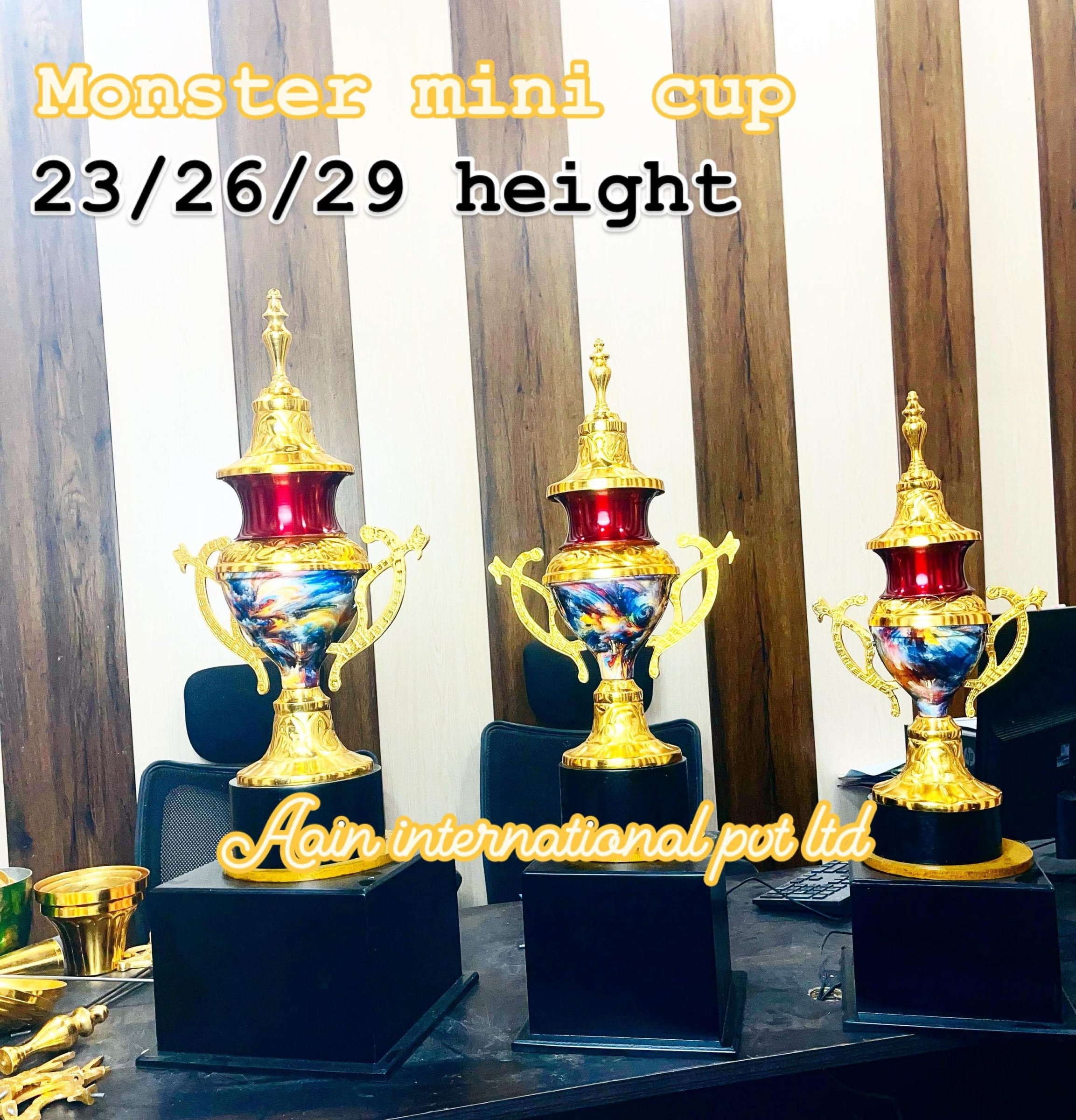 Monster Mini Cups in three heights with red domes and marbled bowls