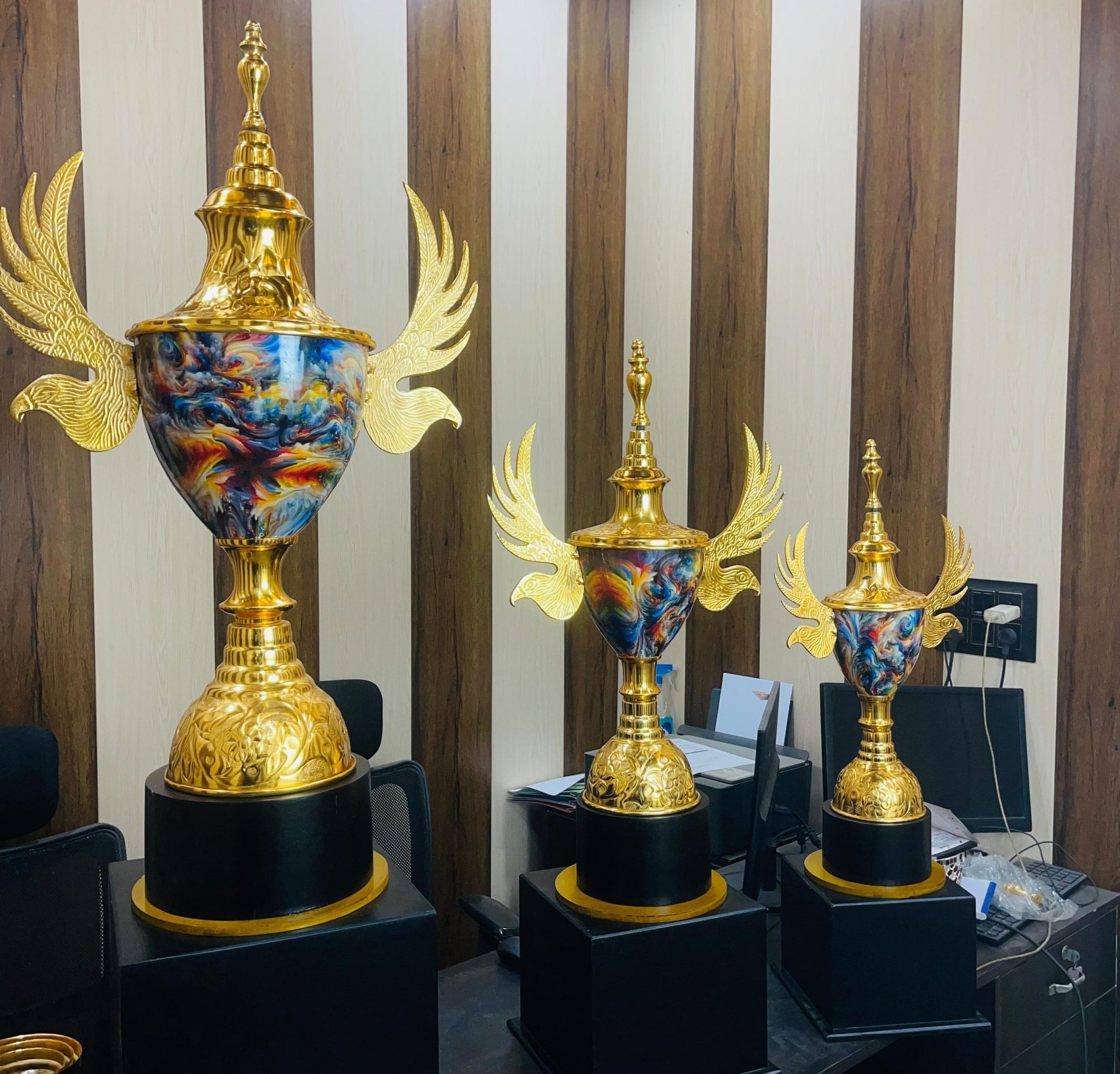 Falcon Cups in three heights with marbled bowls, in AAIN's showroom